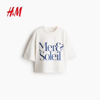 H&M 女装T恤夏季圆领简约休闲宽松红色短袖复古条纹宽松T恤1277822 白色/Mer& Soleil M 165/96