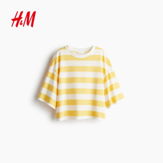 H&M 女装T恤夏季圆领简约休闲宽松红色短袖复古条纹宽松T恤1277822 白色/黄色条纹 M 165/96