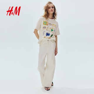 H&M 女装T恤2026春季新款印花多巴胺穿搭圆领大廓形短袖上衣1314592 白色/Butter L 170/104
