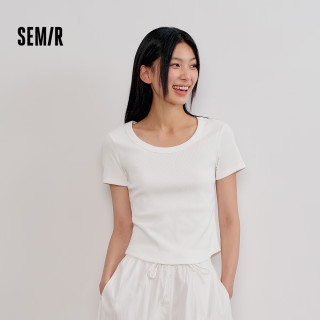 森马 短袖t恤女夏季短款紧身大圆领正肩上衣
