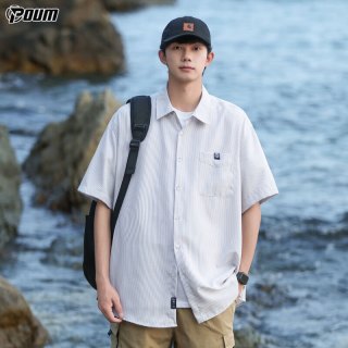 POUM 条纹冰丝凉感短袖衬衫夏款高级感休闲男士衬衣外套2515灰色3XL