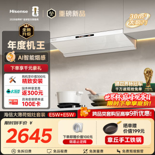 海信 烟灶套装30立方1300Pa家用上门安装抽排吸油烟机E5W+双定时联动燃气灶E5W白