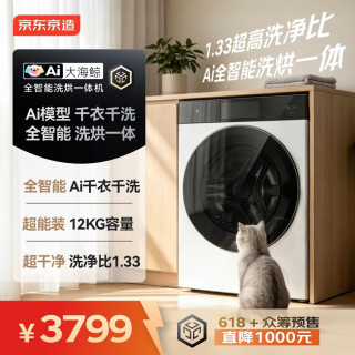 京东京造 Ai大海鲸12KG洗烘一体机全自动滚筒洗衣机带烘干智能投放JZXY1S
