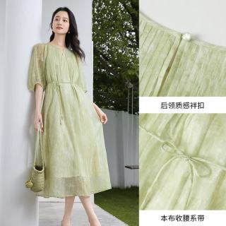 香影 通勤黄色连衣裙女2026春新款简单大方气质泡泡袖印花中长裙 绿花