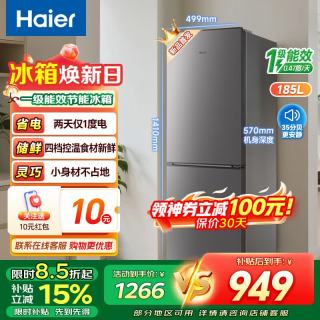 海尔 冰箱185升一级能效小型两门迷你租房宿舍办公室家用小冰箱双开门小型电冰箱