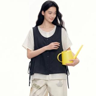限尺码：飞鸟和新酒 轻薄两件套衬衫女圆领短袖衬衣日系时尚夏季短款宽松马甲套装上衣