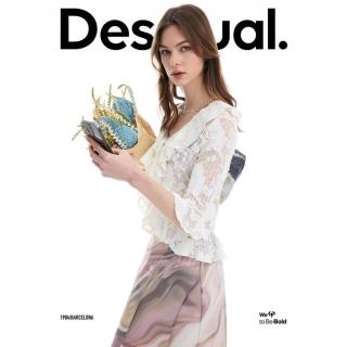 Desigual 26春夏新品玫瑰提花镂空荷叶边女式针织衫
