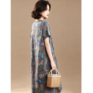 德菲蒂奥 时尚复古高级感休闲圆领连衣裙女2026夏季宽松显瘦减龄中长裙