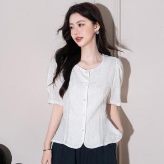 限尺码：JSW//JEANS JSW JEANS 法式优雅圆领夏季单排扣暗纹别致提花泡泡袖荷叶边衬衫上衣女