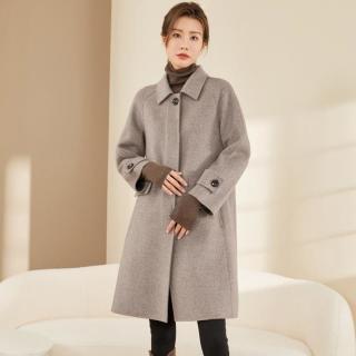 曼·贝 女士毛呢大衣外套100%绵羊毛宽松显瘦中长款休闲时尚女装