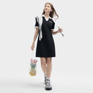 FILA 女装时尚简约连衣裙女士休闲显瘦气质优雅百搭V领针织连衣裙