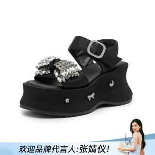 千百度 女士凉鞋 羊皮内里厚底增高沙滩凉拖