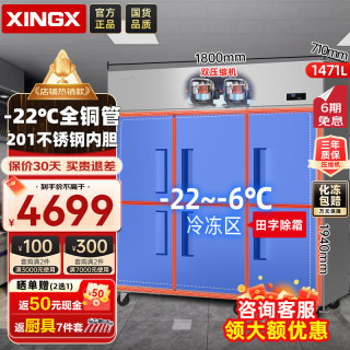 星星 六门冰箱商用全冷冻厨房冰箱全铜管不锈钢冰柜酒店保鲜立式冰柜 KD-1871GT6