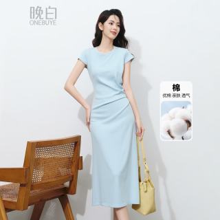 晚白 冰丝棉不对称抽褶收腰连衣裙 蓝色 M