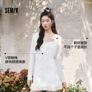 森马 外套女夏季短款修身仿麻纯色抽绳开衫蝴蝶结2026罩衫