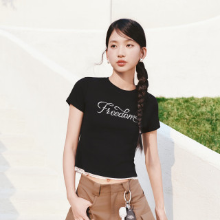 森马 短袖T恤女夏季短款蕾丝假两件烫珠字母修身2026衣服