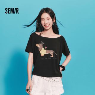 森马 短袖T恤女夏季小狗oversize插肩袖一字领2026小个子109326100033