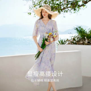 香影 v领天丝连衣裙女2026夏季新款紫色印花晕染海边度假风沙滩裙 紫花