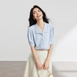 伯德小姐 蓝色短袖雪纺衬衫女小个子穿搭职业上衣教资通勤正装衬衣