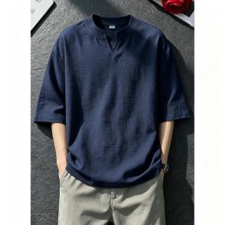 月伊纺 新款宽松大码半袖上衣中国风打底衫男士仿麻轻薄透气小V领短袖T恤