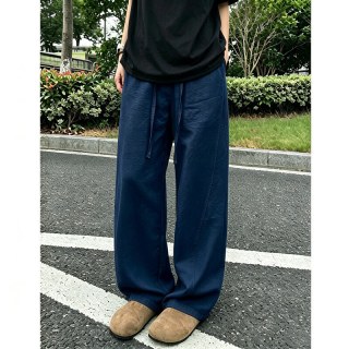 月伊纺 夏季新款美式复古宽松阔腿长裤男莱赛尔直筒裤青年潮流百搭休闲裤 黑色 4XL