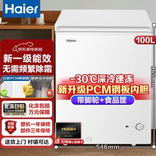 海尔 冰柜家用单温一级能效 冷藏柜冷冻柜小型冰箱大容量冷柜 100升 零下30℃丨无需频繁除霜