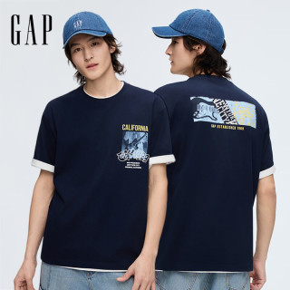 Gap 2026夏季新款纯棉印花宽松圆领短袖T恤 891528 海军蓝