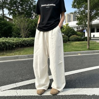 丹铭仁棉麻阔腿裤男宽松直筒长裤青年莱赛尔天丝亚麻休闲裤老钱风直筒裤