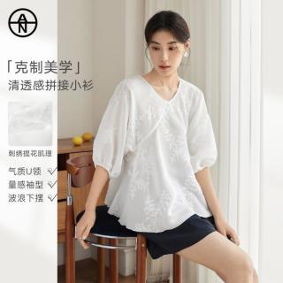 DUIBAI 刺绣雪纺衬衫女2026夏装新中式小衫娃娃衫