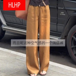 HLHP 金棕色亚麻裤女2025夏季新款高腰显瘦时尚百搭宽松直筒阔腿裤子 金棕色 L ( 建议100斤-115斤)