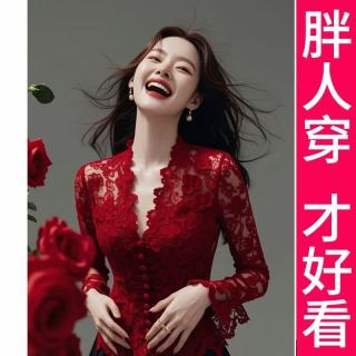 阿究究 200斤大码红色大深v领蕾丝内搭打底法式气质修身早春季上衣女 红色蕾丝衬衫