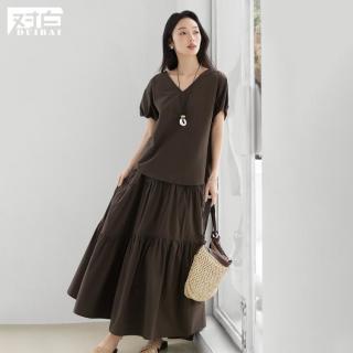 DUIBAI 女士法式泡泡袖V领衬衫半身裙亚麻两件套