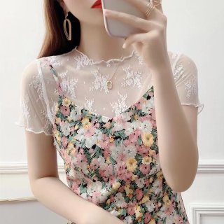 雅鹿 短款内搭纱衣女夏薄款网纱打底衫蕾丝短袖透明圆领气质减龄上衣 白色版 M 95105斤