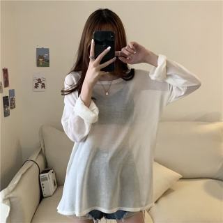 SHILANLUNSA 网纱防晒衣罩衫长袖t恤女夏季薄款内搭减龄盐系超仙上衣打底衫ins 白色 均码