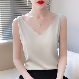 双肩v领女百搭小众吊带白色背心缎面内搭宽松性感打底衫