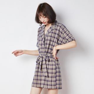 唐狮 复古格子高腰腰带连体短裤女宽松百搭时尚休闲裤子