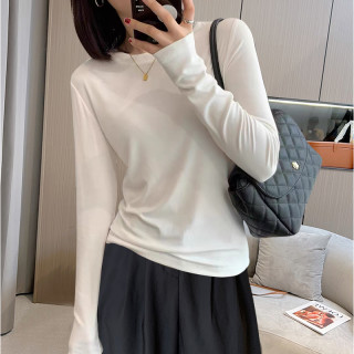 简约长袖t恤女2026春秋韩版女装白色打底衫纯色内搭圆领体恤上衣
