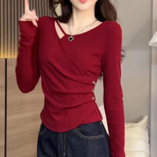 T恤打底衫女秋季新款时尚正肩收腰大码纽扣设计显瘦洋气长袖上衣