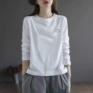 精品棉~白色长袖t恤女2025春秋季圆领正肩宽松休闲内搭打底衫上衣