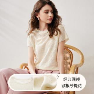 科蒙博卡 科蒙 甜美提花圆领插肩桑蚕丝短袖夏百搭通勤T恤上衣针织衫女
