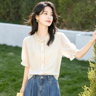 马克华菲 女士重工刺绣短袖衬衫 夏季新款网纱拼接花边领显瘦短袖衬衣