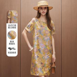 帕罗 28姆米宋锦香云纱】26夏季圆领复古洋气直筒真丝连衣裙女