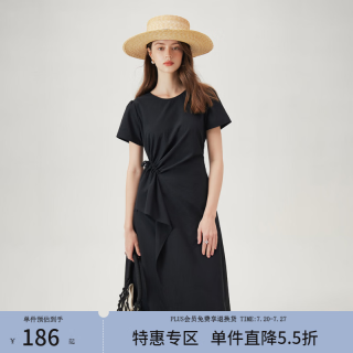 范思蓝恩 夏季圆领抽绳褶皱设计感连衣裙高腰A字裙女 黑色 M