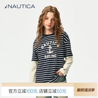 NAUTICA 假两件航海系列 美式儿童条纹长袖T恤 藏青/白色