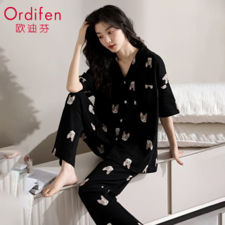 欧迪芬 睡衣女春夏季2026新款纯棉短袖长裤薄款家居服可外穿时尚印花