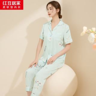 红豆居家 男女士睡衣仿真丝夏季舒适柔软丝滑高档垂感冰丝家居服套装 JAJ230浮光蓝 L 170/92A