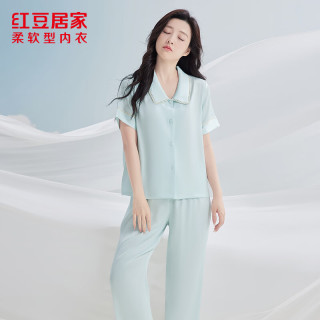 红豆居家 男女士睡衣仿真丝夏季舒适柔软丝滑高档垂感冰丝家居服套装 JBJ208勿忘草蓝 M 165/88A