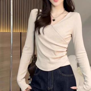 时尚女款衣服V领大码长袖T恤新款黑色设计感修身显瘦洋气女装上衣