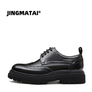 JINGMATAI男士头层开边珠牛皮时尚商务休闲布洛克皮鞋厚底男鞋