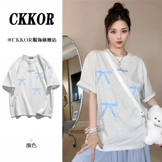 CKKOR时尚休闲潮牌短袖蝴蝶结百搭ins小众宽松印花圆领夏季t恤女